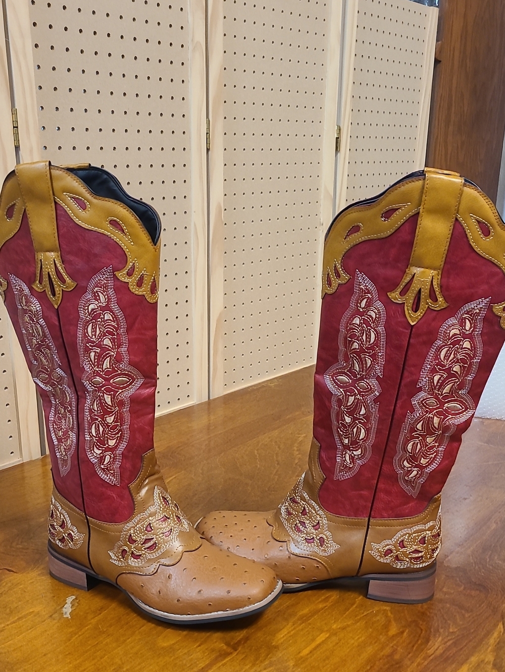 NWOT Embroidered Two-Tone Western Cowgirl Boots - Red & Tan Square Toe